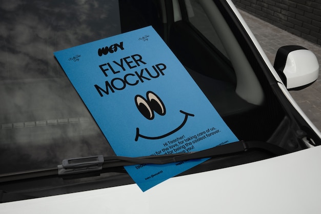 PSD flyer mock-up on car windshield