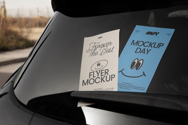 PSD flyer mock-up on car windshield