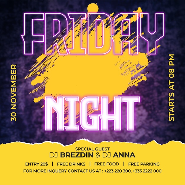 A flyer for a night event with purple and yellow text.