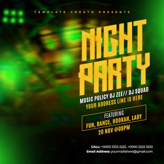 PSD a flyer for night party that says music policy of shey