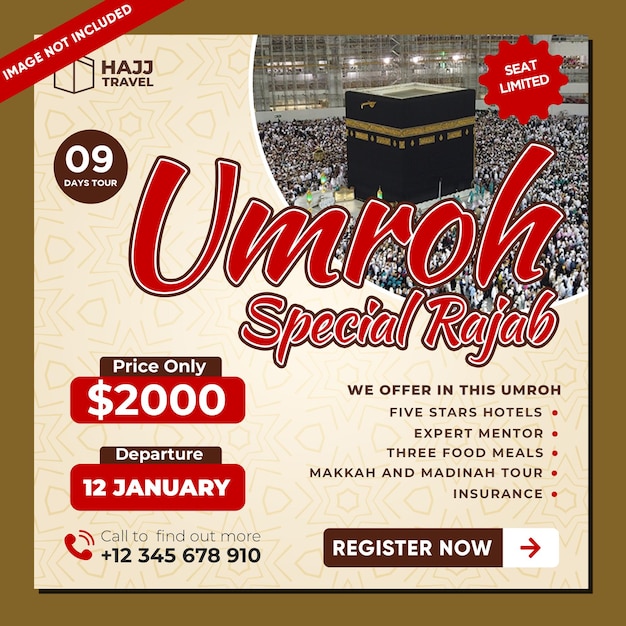 PSD flyer promo hajj of umroh met de afbeelding van de ka'ba erop