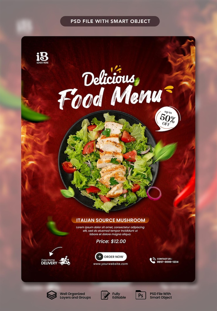 PSD a flyer for a restaurant called the food menu