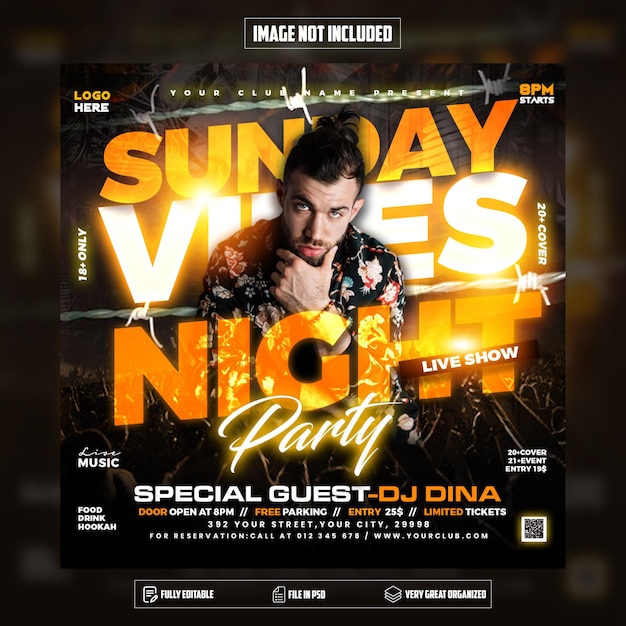 A flyer for sunday vibes party with a man on the front.