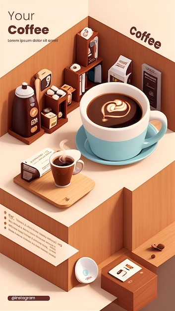 Дизайн шаблона флаера с 3d иллюстрацией темы Coffee Shop