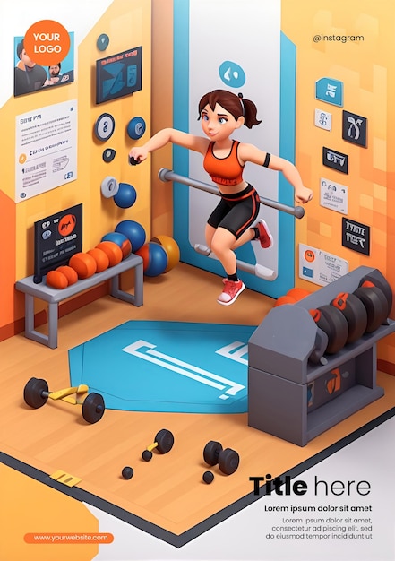 Disegno di modello di volantino con illustrazione di personaggi 3d a tema gym