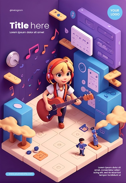 Flyer template design with music theme 3d character illustration