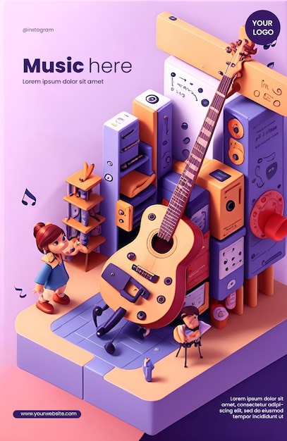 Flyer template design with music theme 3d character illustration