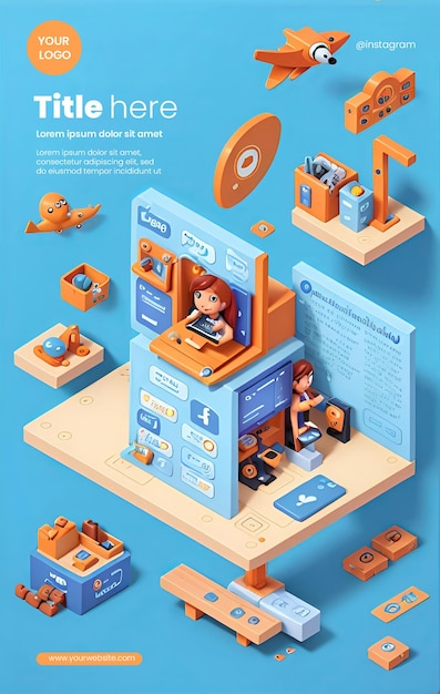 Flyer template design with social media theme 3d character illustration