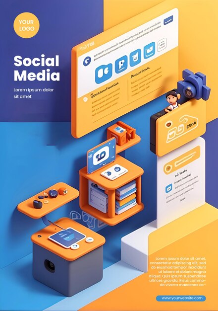 PSD flyer template design with social media theme 3d illustration