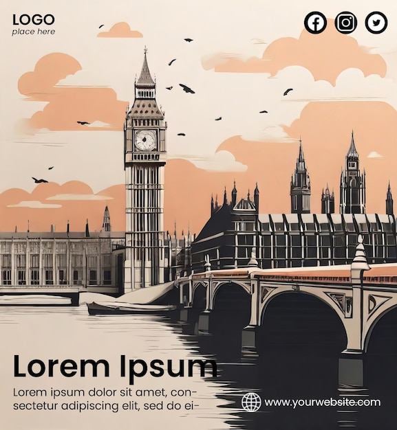 PSD modello di volantino con illustrazione di big ben disegnata a mano