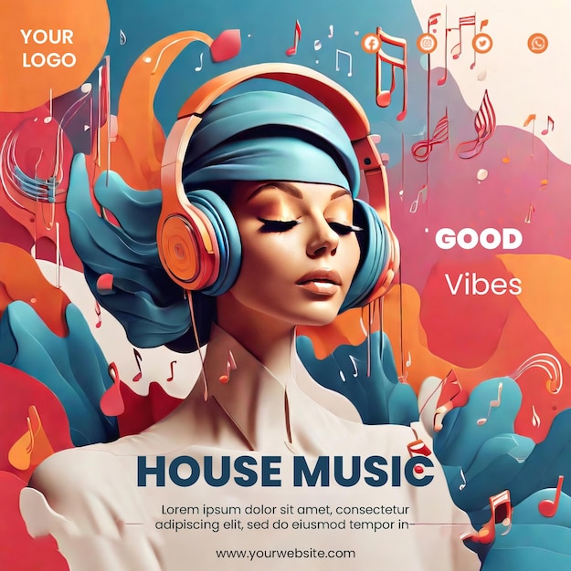 PSD flyer template with woman listening to music illustration