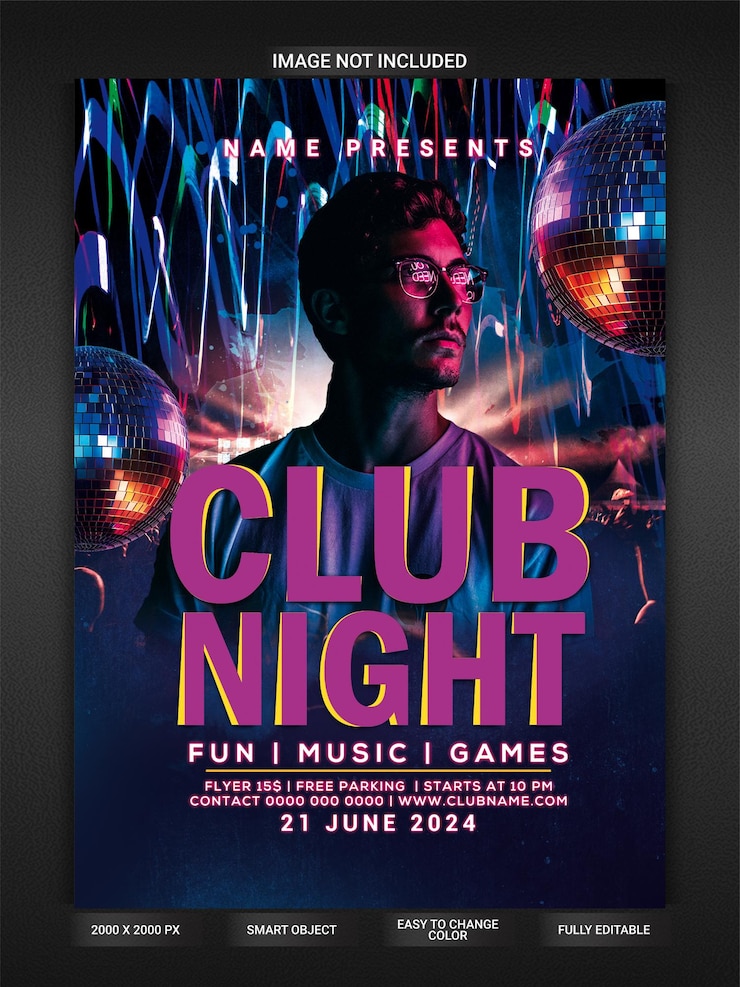 PSD flyer van een nachtclubfeestje.