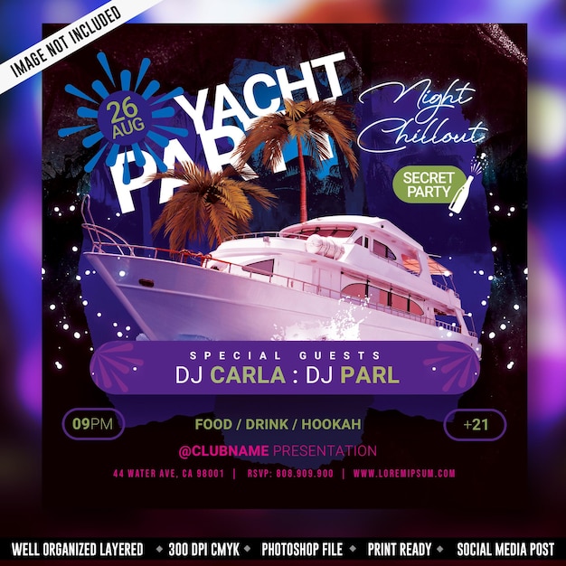 PSD a flyer for a yacht party with a boat on it.