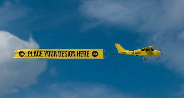 PSD flying airplane in the sky with banner mock-up