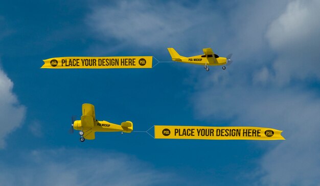 Flying airplane in the sky with banner mock-up