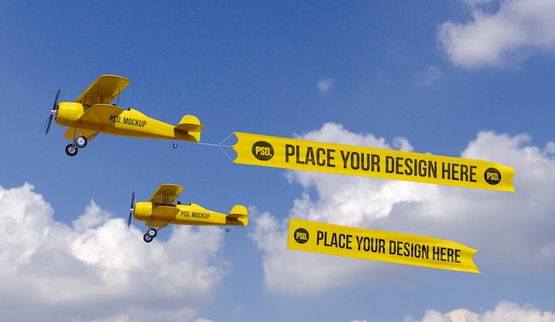 PSD flying airplane in the sky with banner mock-up