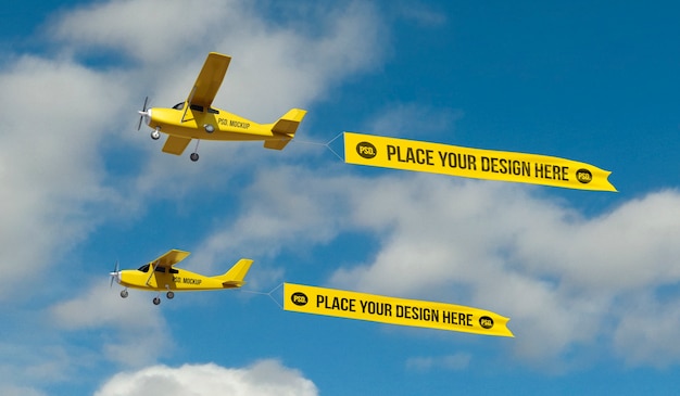 Volo aereo nel cielo con banner mock-up