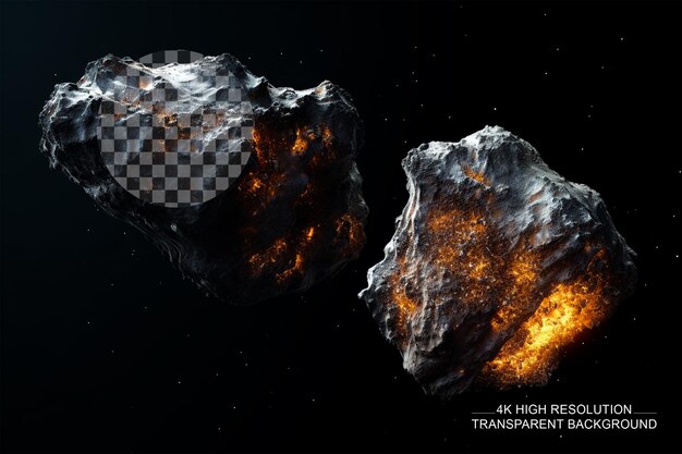 PSD flying asteroid meteorite rendering 3d di un corpo celeste isolato sfondio trasparente