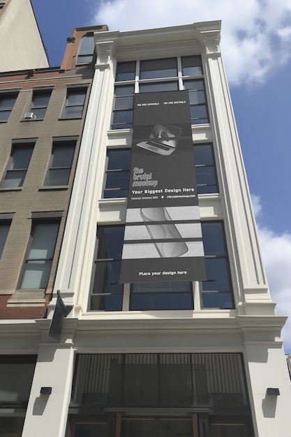 PSD flying banner mockup from flat balcony