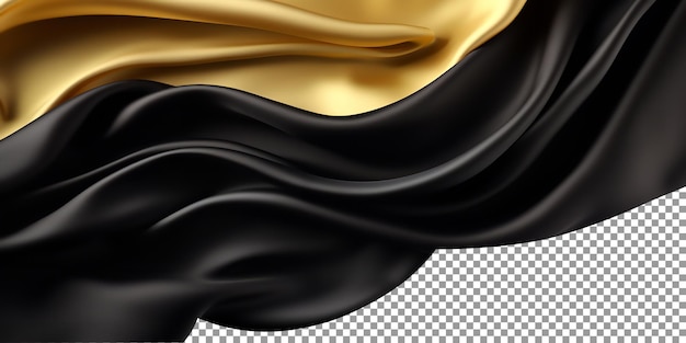 PSD flying black and golden silk fabric isolated on transparent background