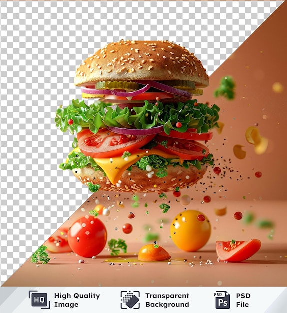 PSD テーブルの上にパンと野菜を乗せてハンバーガーモックアップを飛ばす