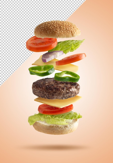 PSD flying burger with bread and vegetable rendering