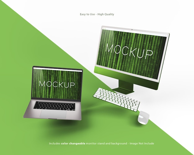 Mockup di schermo per computer e laptop volante con tastiera e mouse