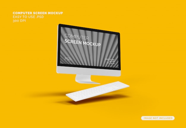 Flying computer screen mock up with keyboard