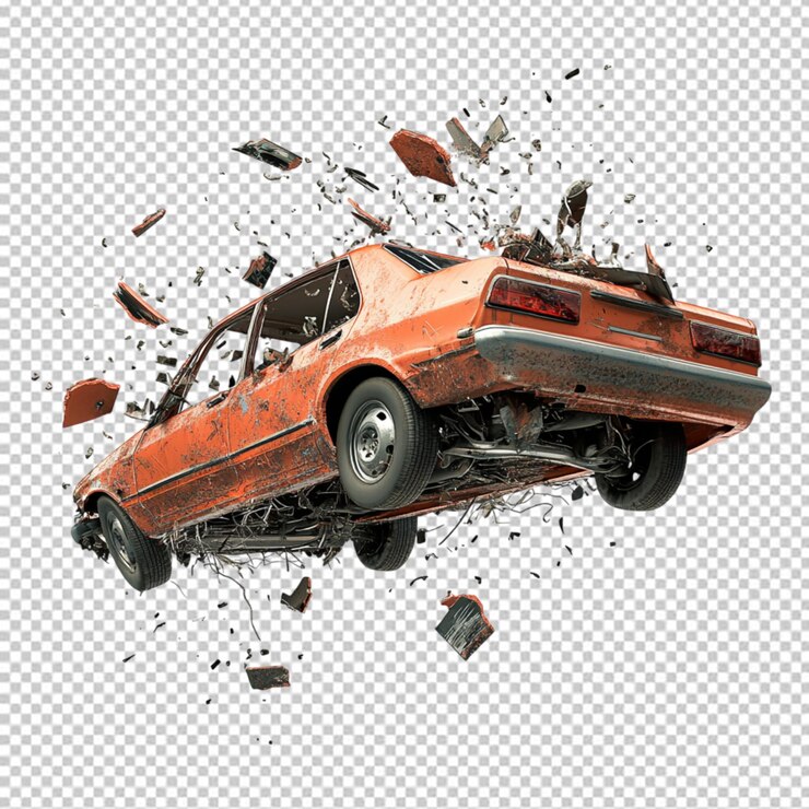PSD a flying crushed car isolated on transparent background