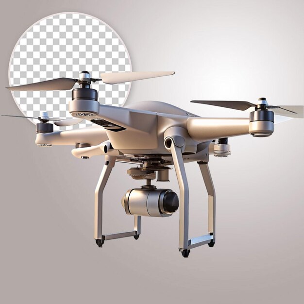 Flying drone with camera cutout isolated on a transparent background