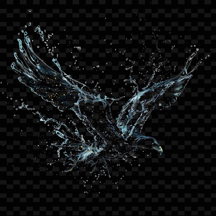 PSD a flying eagle with the water splashing on a black background