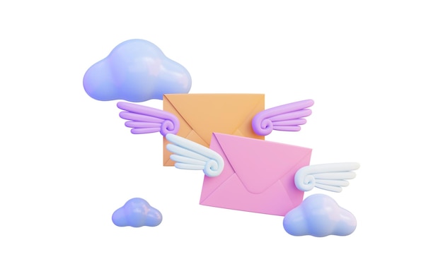 Flying envelop sign with cloud on white background 3d render concept