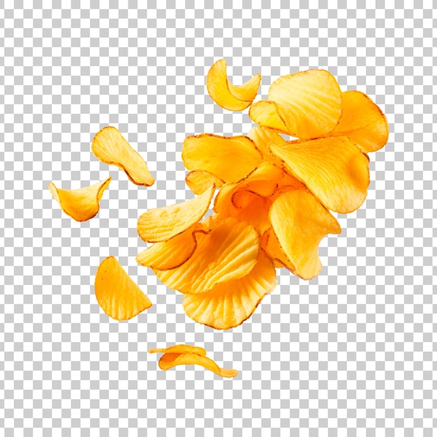 PSD flying and falling crispy potato chips on a transparent background