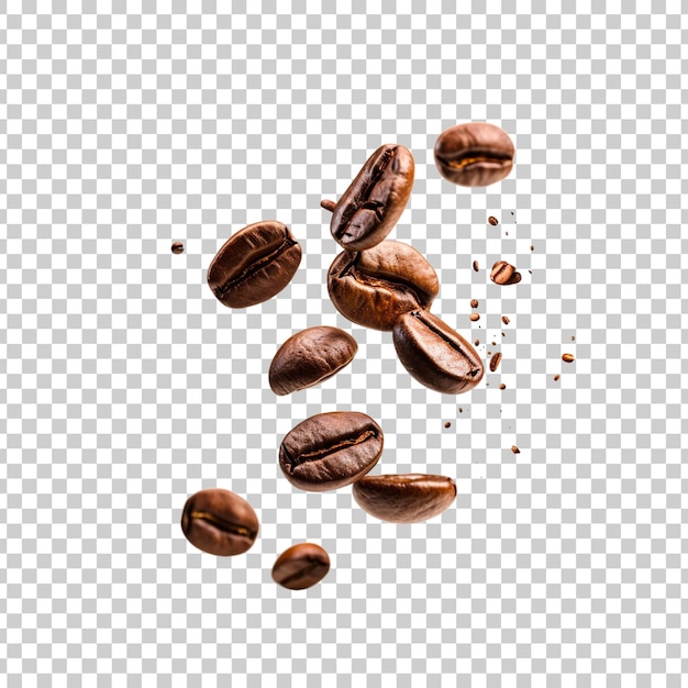 Flying and falling fresh coffee beans on a transparent background