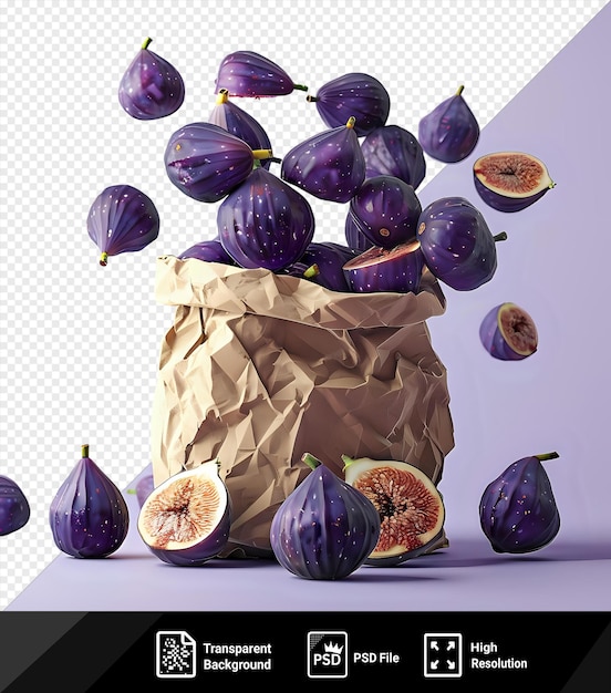 PSD flying figs in recyclable paper bag isolated on purple background png