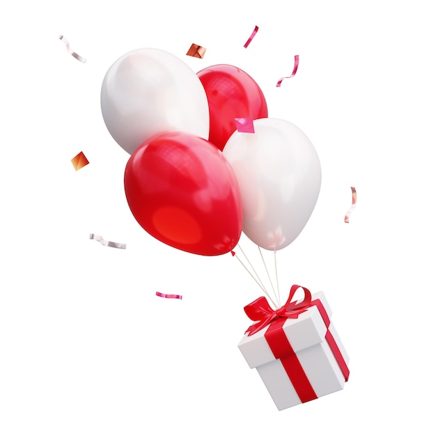 PSD regalo volante su palloncini rossi e bianchi e volante intorno a confetti colorati scintillanti rendering 3d