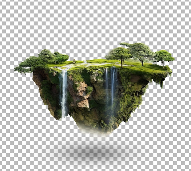 PSD Летающий зеленый лес 3d остров с деревьями зеленая трава горы голубая вода и водопады изолированы