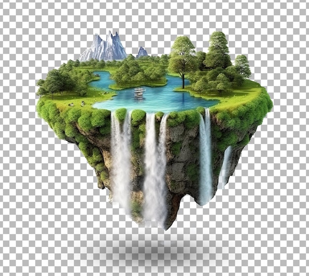 PSD flying green forest 3d island with trees green grass mountains blue water and waterfalls isolated