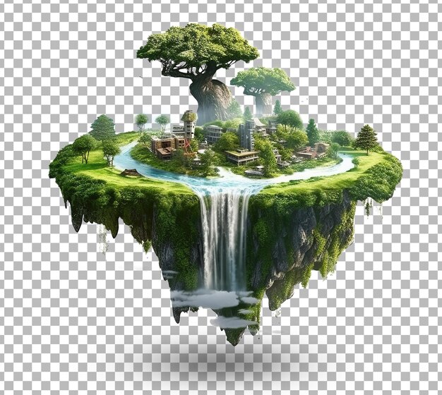 PSD flying green forest 3d island with trees green grass mountains blue water and waterfalls isolated