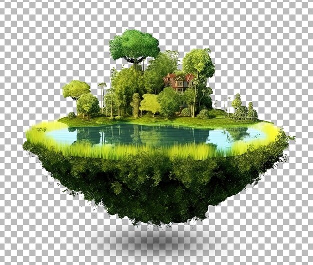 PSD flying green forest 3d island with trees green grass mountains blue water and waterfalls isolated