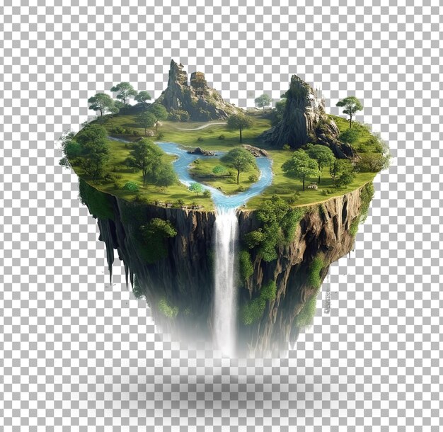 PSD flying green forest land with trees green grass mountains blue water and waterfalls isolated png