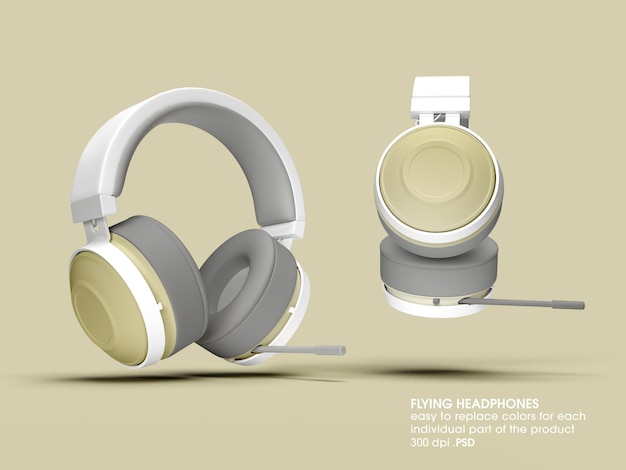 PSD flying headphones mockup design rendering