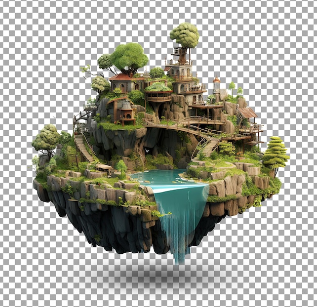 PSD flying island green forest land with trees green grass mountains blue water and waterfalls isolated