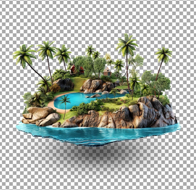 PSD flying island green forest land with trees green grass mountains blue water and waterfalls isolated