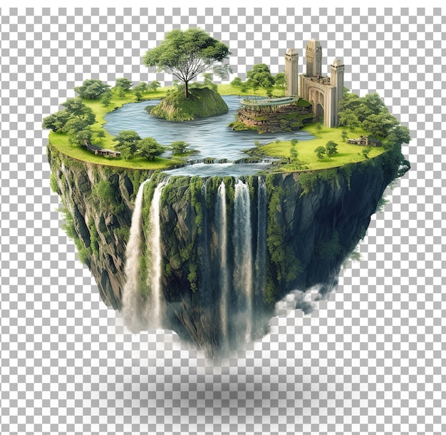 Flying island with beautiful landscape green grass and waterfalls mountains 3d illustration island