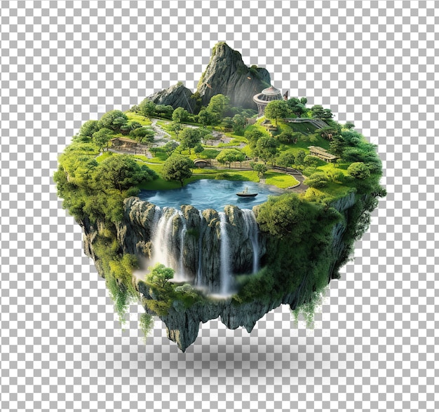 Flying island with beautiful landscape green grass and waterfalls mountains 3d illustration island