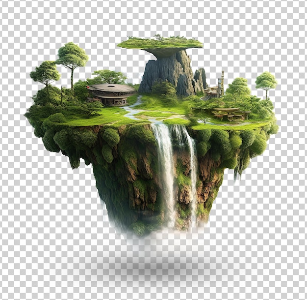 Flying island with beautiful landscape green grass and waterfalls mountains 3d illustration land