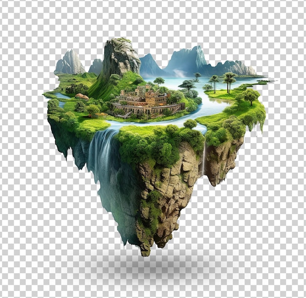 Flying island with beautiful landscape green grass and waterfalls mountains 3d illustration land