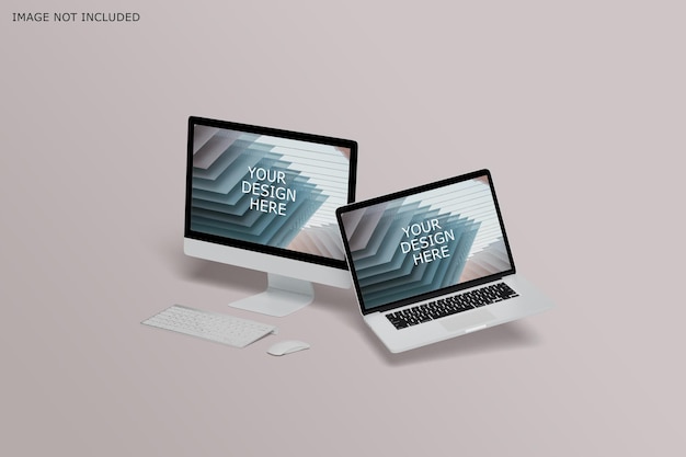 PSD flying laptop mockup and computer desktop screen