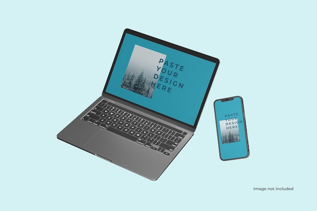 PSD flying laptop and smartphone mockup